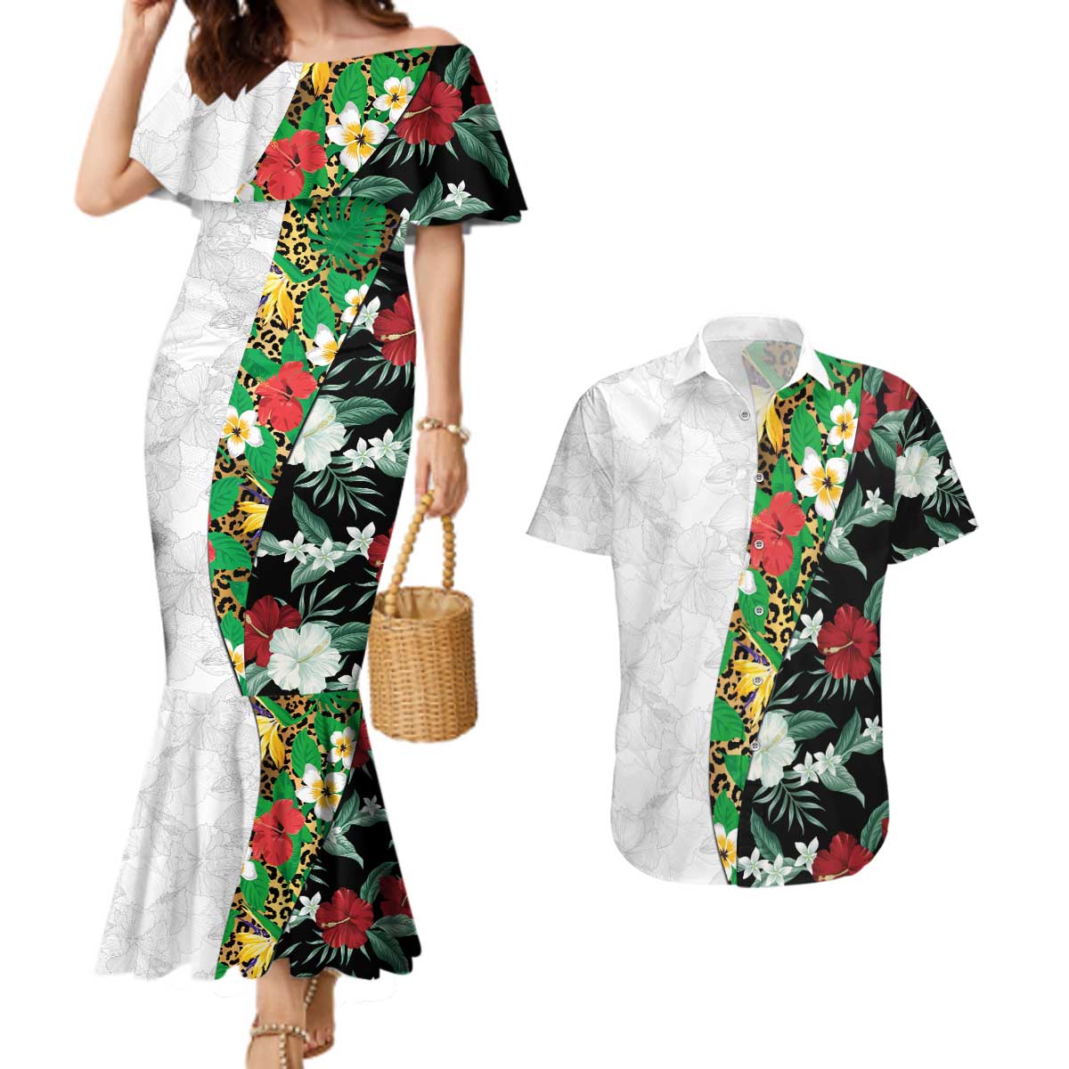 Hawaiian Tropical Flowers and Leaves Couples Matching Mermaid Dress and Hawaiian Shirt on Leopard Pattern Half Style White-Black Version LT03 White - Polynesian Pride