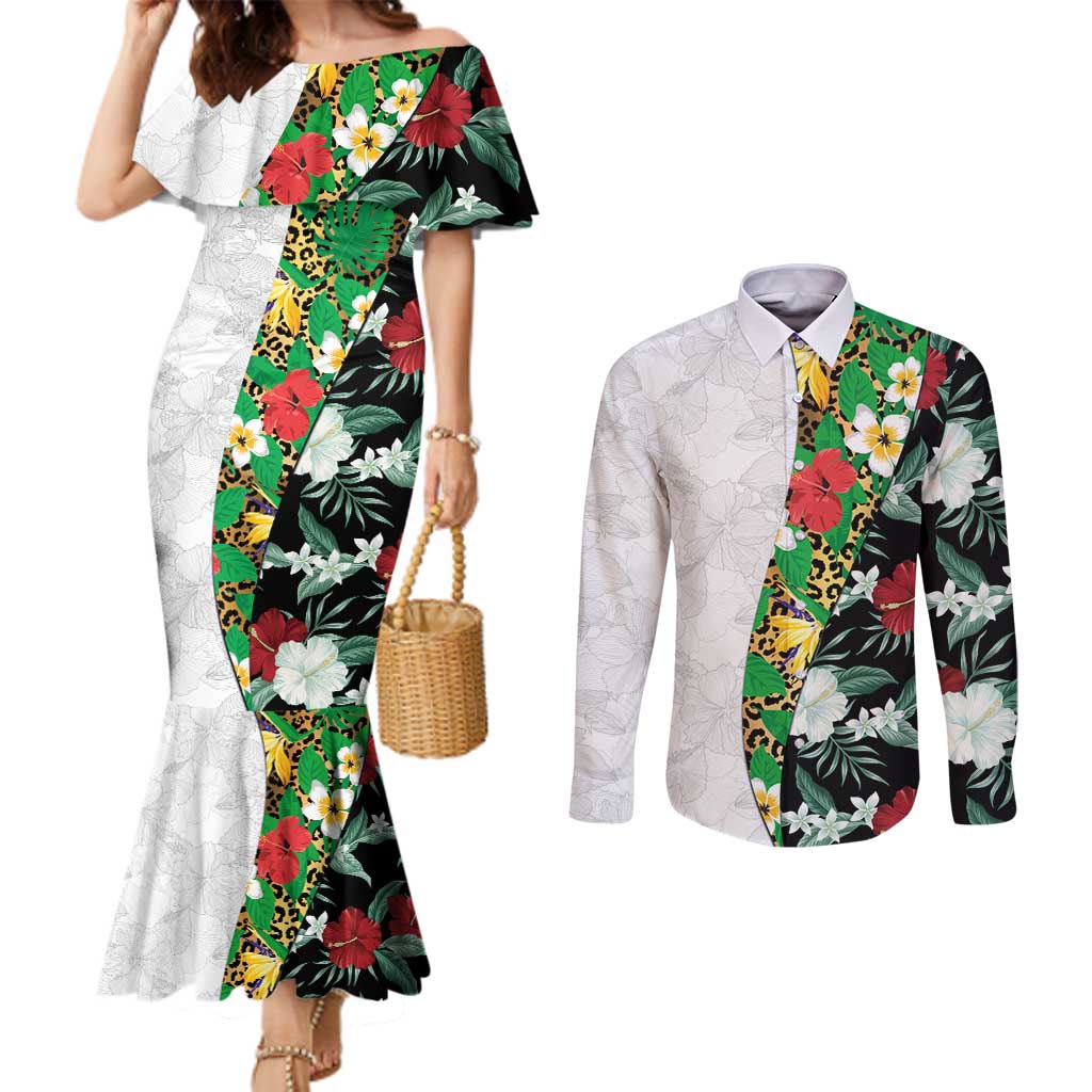 Hawaiian Tropical Flowers and Leaves Couples Matching Mermaid Dress and Long Sleeve Button Shirt on Leopard Pattern Half Style White-Black Version LT03 White - Polynesian Pride