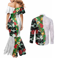 Hawaiian Tropical Flowers and Leaves Couples Matching Mermaid Dress and Long Sleeve Button Shirt on Leopard Pattern Half Style White-Black Version LT03 - Polynesian Pride