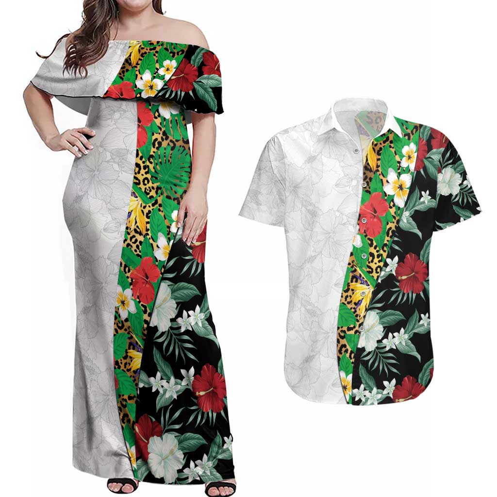 Hawaiian Tropical Flowers and Leaves Couples Matching Off Shoulder Maxi Dress and Hawaiian Shirt on Leopard Pattern Half Style White-Black Version LT03 White - Polynesian Pride