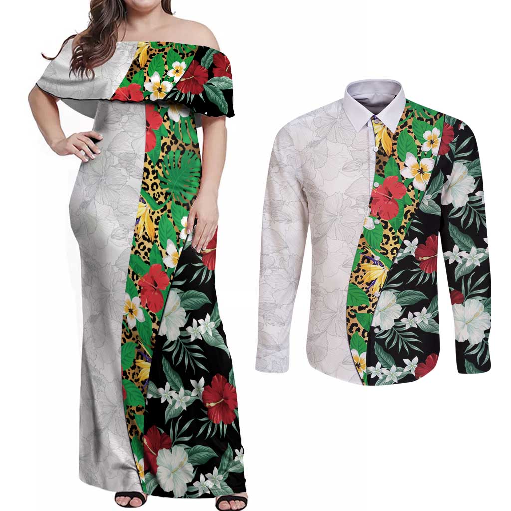 Hawaiian Tropical Flowers and Leaves Couples Matching Off Shoulder Maxi Dress and Long Sleeve Button Shirt on Leopard Pattern Half Style White-Black Version LT03 White - Polynesian Pride