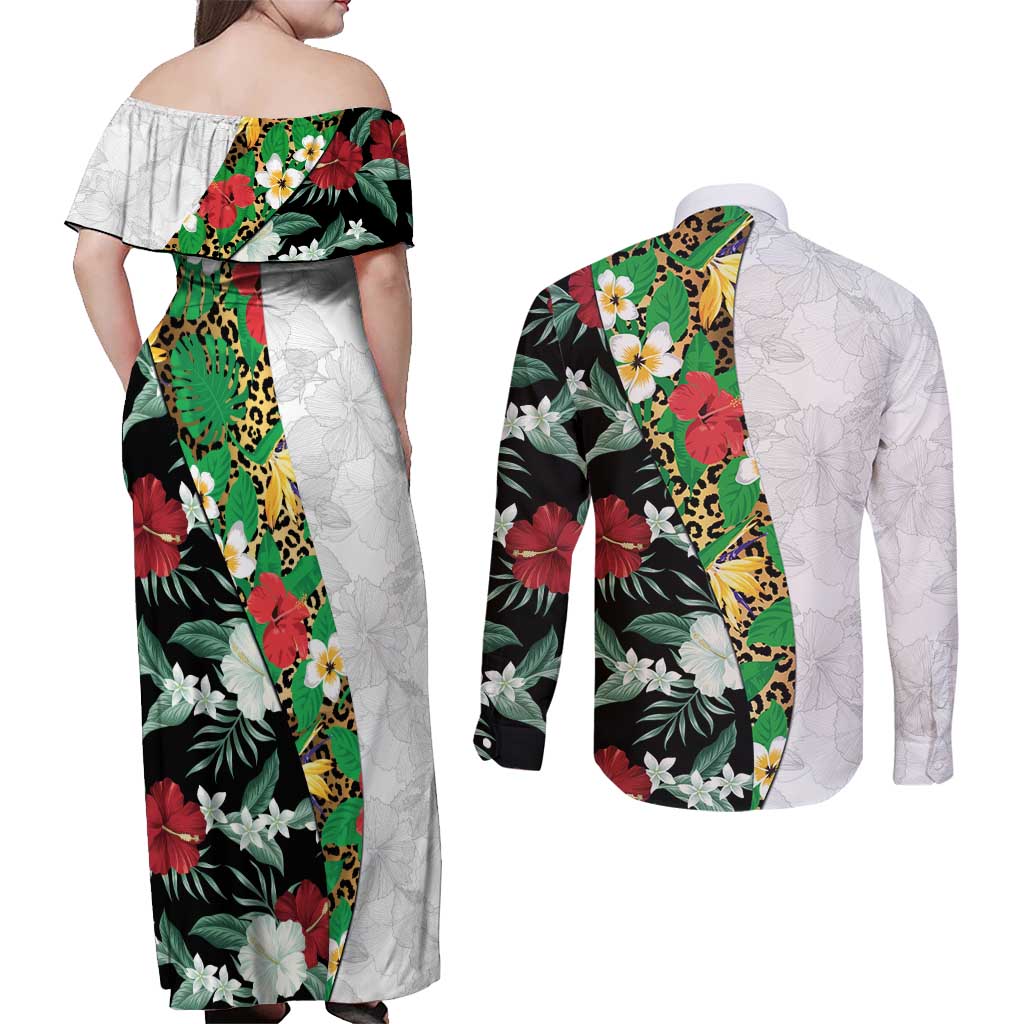 Hawaiian Tropical Flowers and Leaves Couples Matching Off Shoulder Maxi Dress and Long Sleeve Button Shirt on Leopard Pattern Half Style White-Black Version LT03 - Polynesian Pride