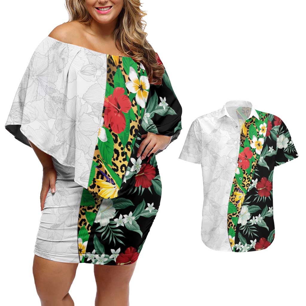 Hawaiian Tropical Flowers and Leaves Couples Matching Off Shoulder Short Dress and Hawaiian Shirt on Leopard Pattern Half Style White-Black Version LT03 White - Polynesian Pride