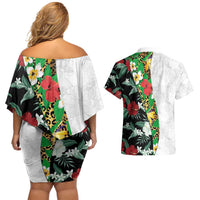 Hawaiian Tropical Flowers and Leaves Couples Matching Off Shoulder Short Dress and Hawaiian Shirt on Leopard Pattern Half Style White-Black Version LT03 - Polynesian Pride