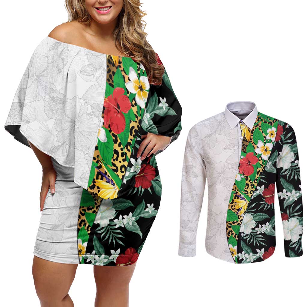 Hawaiian Tropical Flowers and Leaves Couples Matching Off Shoulder Short Dress and Long Sleeve Button Shirt on Leopard Pattern Half Style White-Black Version LT03 White - Polynesian Pride