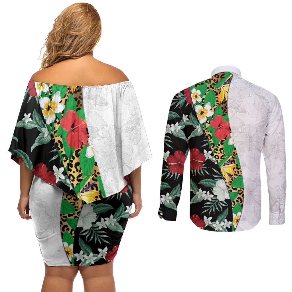 Hawaiian Tropical Flowers and Leaves Couples Matching Off Shoulder Short Dress and Long Sleeve Button Shirt on Leopard Pattern Half Style White-Black Version LT03 - Polynesian Pride