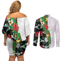 Hawaiian Tropical Flowers and Leaves Couples Matching Off Shoulder Short Dress and Long Sleeve Button Shirt on Leopard Pattern Half Style White-Black Version LT03 - Polynesian Pride