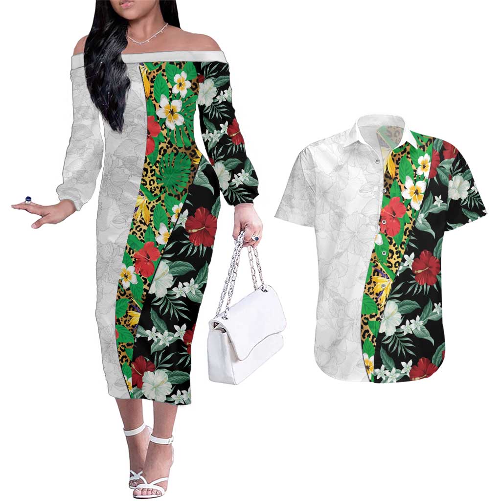 Hawaiian Tropical Flowers and Leaves Couples Matching Off The Shoulder Long Sleeve Dress and Hawaiian Shirt on Leopard Pattern Half Style White-Black Version LT03 White - Polynesian Pride