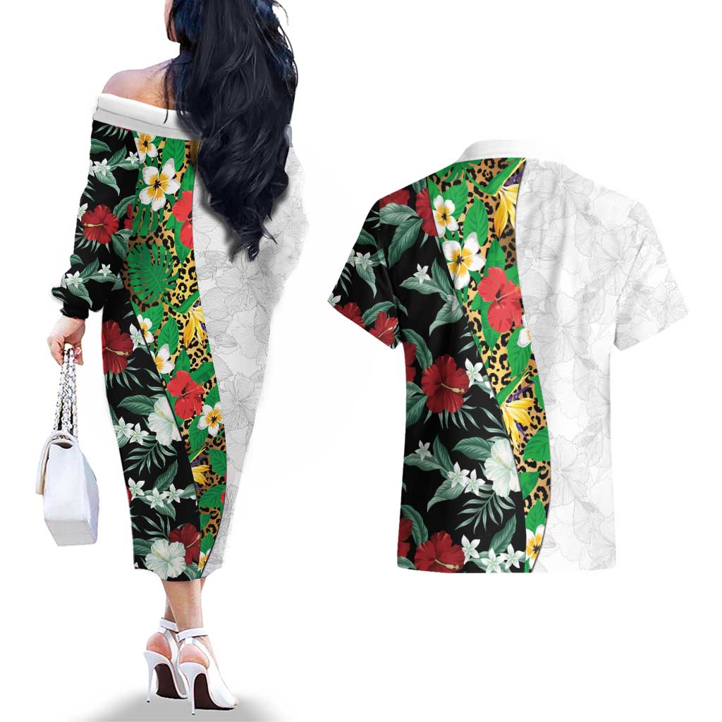 Hawaiian Tropical Flowers and Leaves Couples Matching Off The Shoulder Long Sleeve Dress and Hawaiian Shirt on Leopard Pattern Half Style White-Black Version LT03 - Polynesian Pride