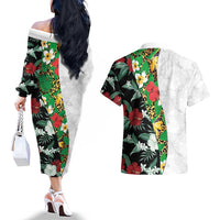Hawaiian Tropical Flowers and Leaves Couples Matching Off The Shoulder Long Sleeve Dress and Hawaiian Shirt on Leopard Pattern Half Style White-Black Version LT03 - Polynesian Pride