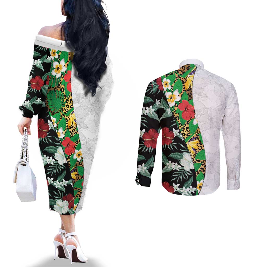 Hawaiian Tropical Flowers and Leaves Couples Matching Off The Shoulder Long Sleeve Dress and Long Sleeve Button Shirt on Leopard Pattern Half Style White-Black Version LT03 - Polynesian Pride