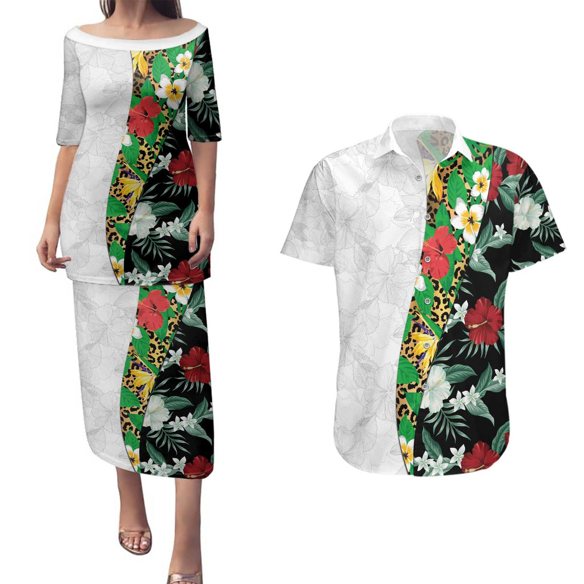Hawaiian Tropical Flowers and Leaves Couples Matching Puletasi and Hawaiian Shirt on Leopard Pattern Half Style White-Black Version LT03 White - Polynesian Pride