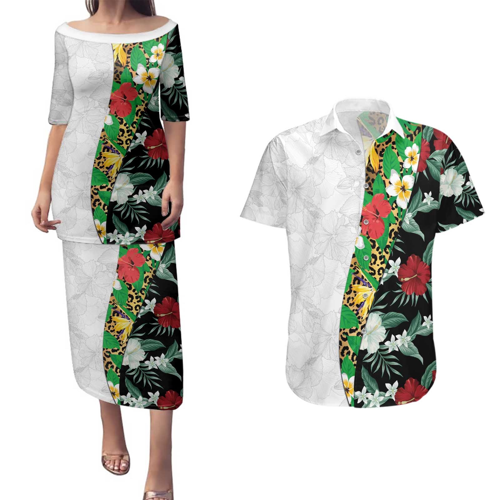 Hawaiian Tropical Flowers and Leaves Couples Matching Puletasi and Hawaiian Shirt on Leopard Pattern Half Style White-Black Version LT03 White - Polynesian Pride