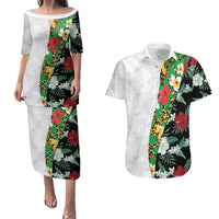 Hawaiian Tropical Flowers and Leaves Couples Matching Puletasi and Hawaiian Shirt on Leopard Pattern Half Style White-Black Version LT03 White - Polynesian Pride
