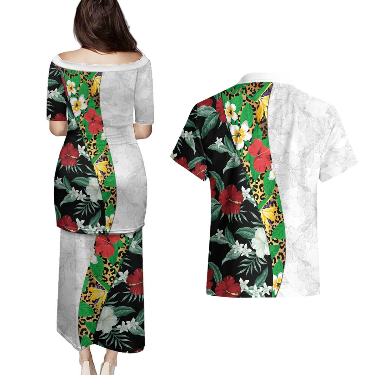 Hawaiian Tropical Flowers and Leaves Couples Matching Puletasi and Hawaiian Shirt on Leopard Pattern Half Style White-Black Version LT03 - Polynesian Pride