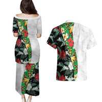 Hawaiian Tropical Flowers and Leaves Couples Matching Puletasi and Hawaiian Shirt on Leopard Pattern Half Style White-Black Version LT03 - Polynesian Pride