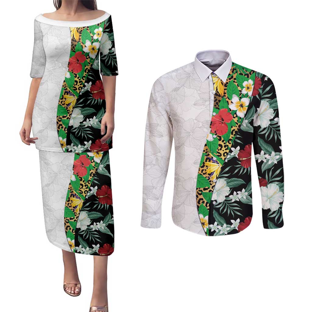 Hawaiian Tropical Flowers and Leaves Couples Matching Puletasi and Long Sleeve Button Shirt on Leopard Pattern Half Style White-Black Version LT03 White - Polynesian Pride