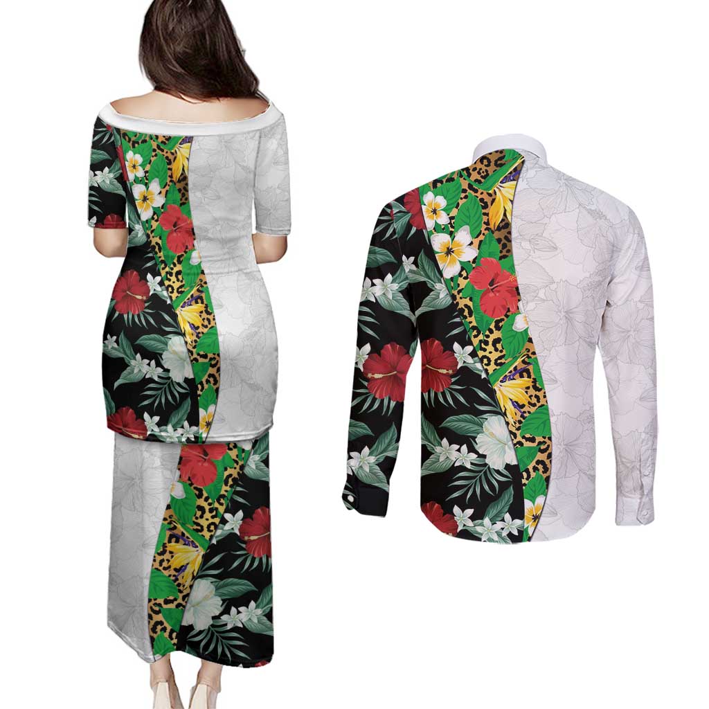 Hawaiian Tropical Flowers and Leaves Couples Matching Puletasi and Long Sleeve Button Shirt on Leopard Pattern Half Style White-Black Version LT03 - Polynesian Pride
