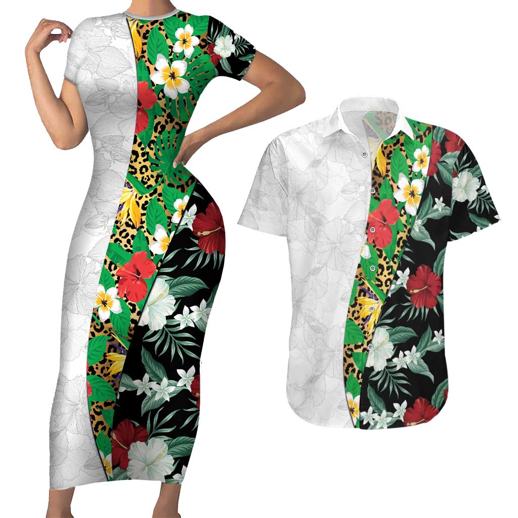 Hawaiian Tropical Flowers and Leaves Couples Matching Short Sleeve Bodycon Dress and Hawaiian Shirt on Leopard Pattern Half Style White-Black Version LT03 White - Polynesian Pride