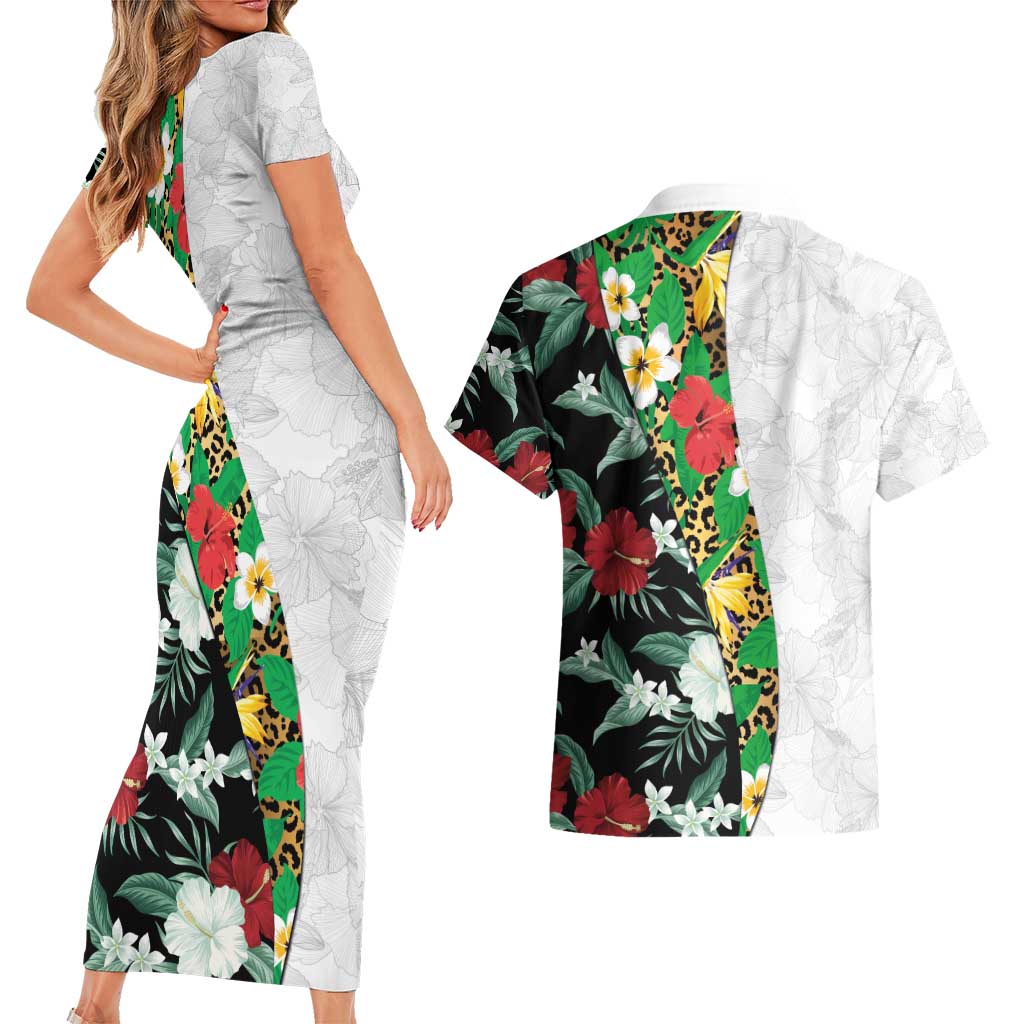Hawaiian Tropical Flowers and Leaves Couples Matching Short Sleeve Bodycon Dress and Hawaiian Shirt on Leopard Pattern Half Style White-Black Version LT03 - Polynesian Pride