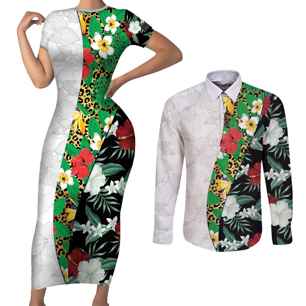 Hawaiian Tropical Flowers and Leaves Couples Matching Short Sleeve Bodycon Dress and Long Sleeve Button Shirt on Leopard Pattern Half Style White-Black Version LT03 White - Polynesian Pride