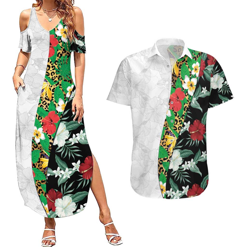 Hawaiian Tropical Flowers and Leaves Couples Matching Summer Maxi Dress and Hawaiian Shirt on Leopard Pattern Half Style White-Black Version LT03 White - Polynesian Pride