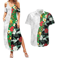 Hawaiian Tropical Flowers and Leaves Couples Matching Summer Maxi Dress and Hawaiian Shirt on Leopard Pattern Half Style White-Black Version LT03 White - Polynesian Pride