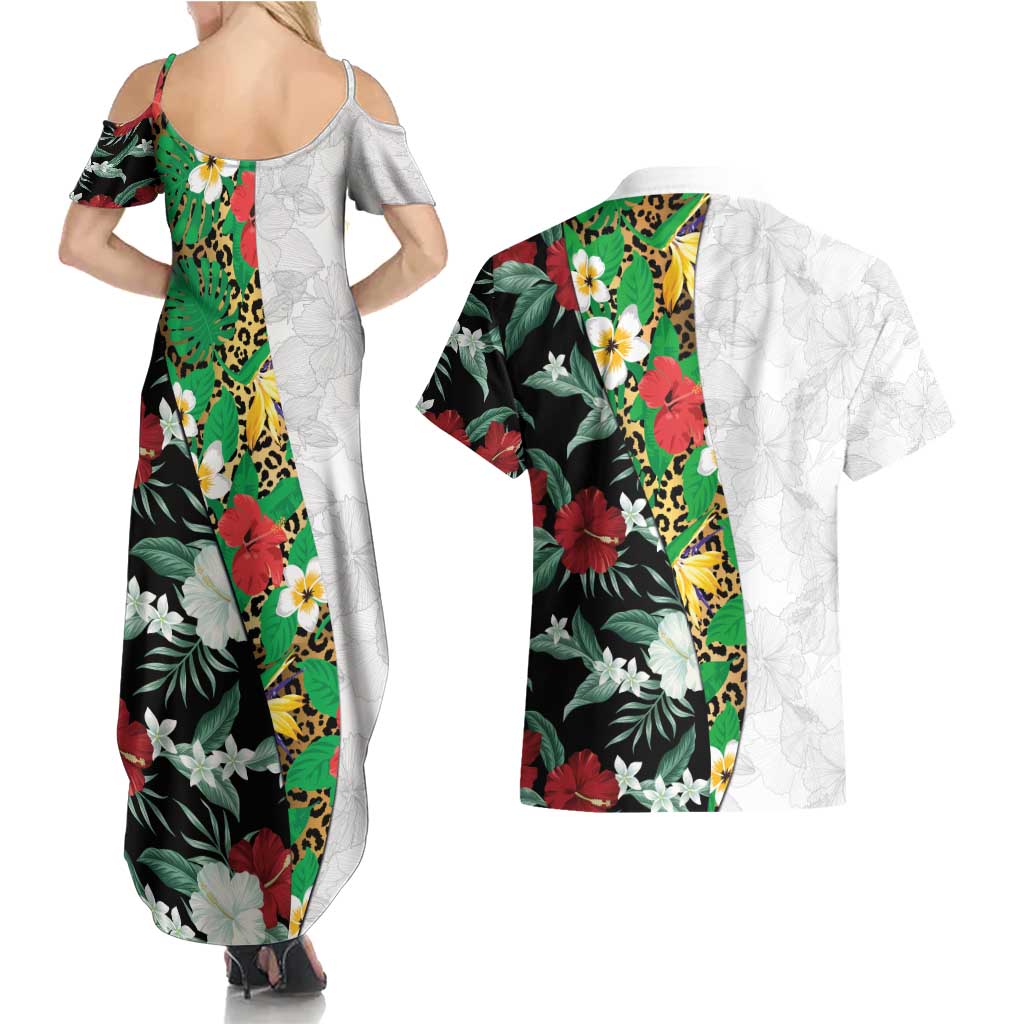 Hawaiian Tropical Flowers and Leaves Couples Matching Summer Maxi Dress and Hawaiian Shirt on Leopard Pattern Half Style White-Black Version LT03 - Polynesian Pride
