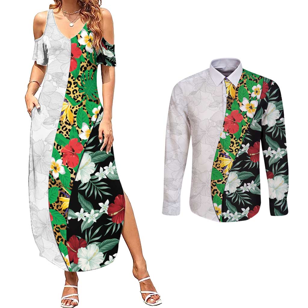Hawaiian Tropical Flowers and Leaves Couples Matching Summer Maxi Dress and Long Sleeve Button Shirt on Leopard Pattern Half Style White-Black Version LT03 White - Polynesian Pride