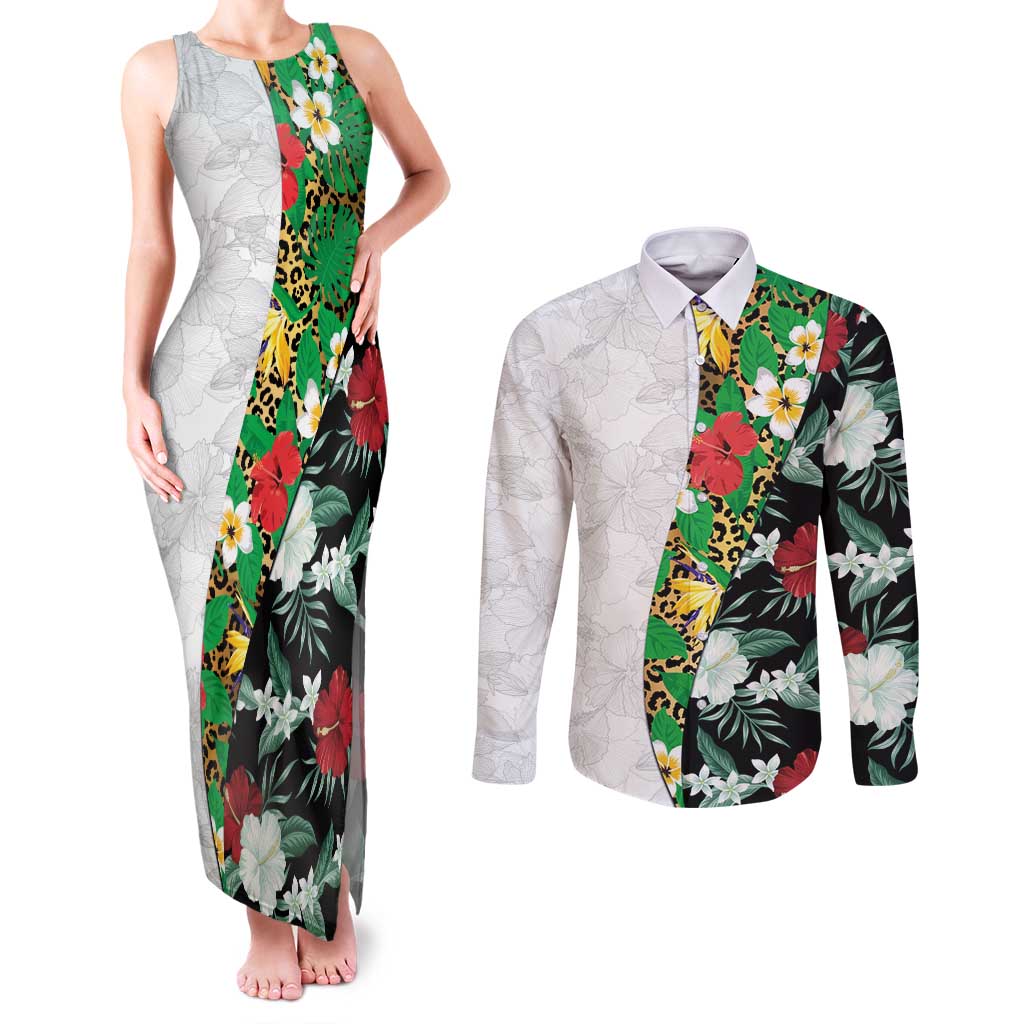 Hawaiian Tropical Flowers and Leaves Couples Matching Tank Maxi Dress and Long Sleeve Button Shirt on Leopard Pattern Half Style White-Black Version LT03 White - Polynesian Pride