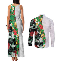 Hawaiian Tropical Flowers and Leaves Couples Matching Tank Maxi Dress and Long Sleeve Button Shirt on Leopard Pattern Half Style White-Black Version LT03 - Polynesian Pride