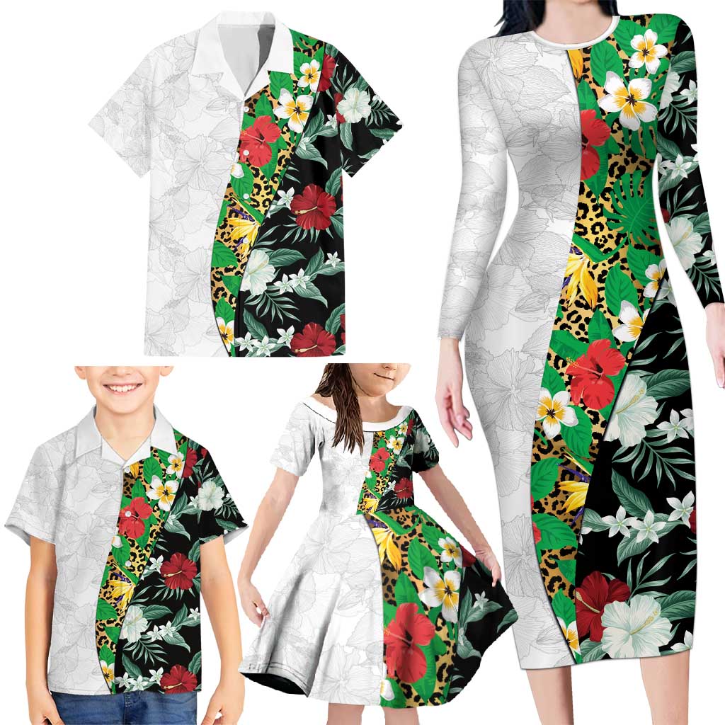 Hawaiian Tropical Flowers and Leaves Family Matching Long Sleeve Bodycon Dress and Hawaiian Shirt on Leopard Pattern Half Style White-Black Version LT03 - Polynesian Pride