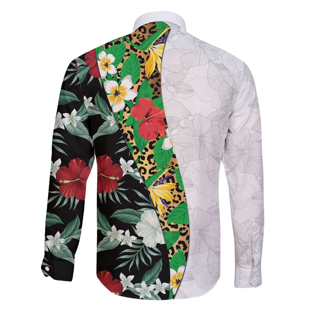 Hawaiian Tropical Flowers and Leaves Family Matching Long Sleeve Bodycon Dress and Hawaiian Shirt on Leopard Pattern Half Style White-Black Version - Polynesian Pride