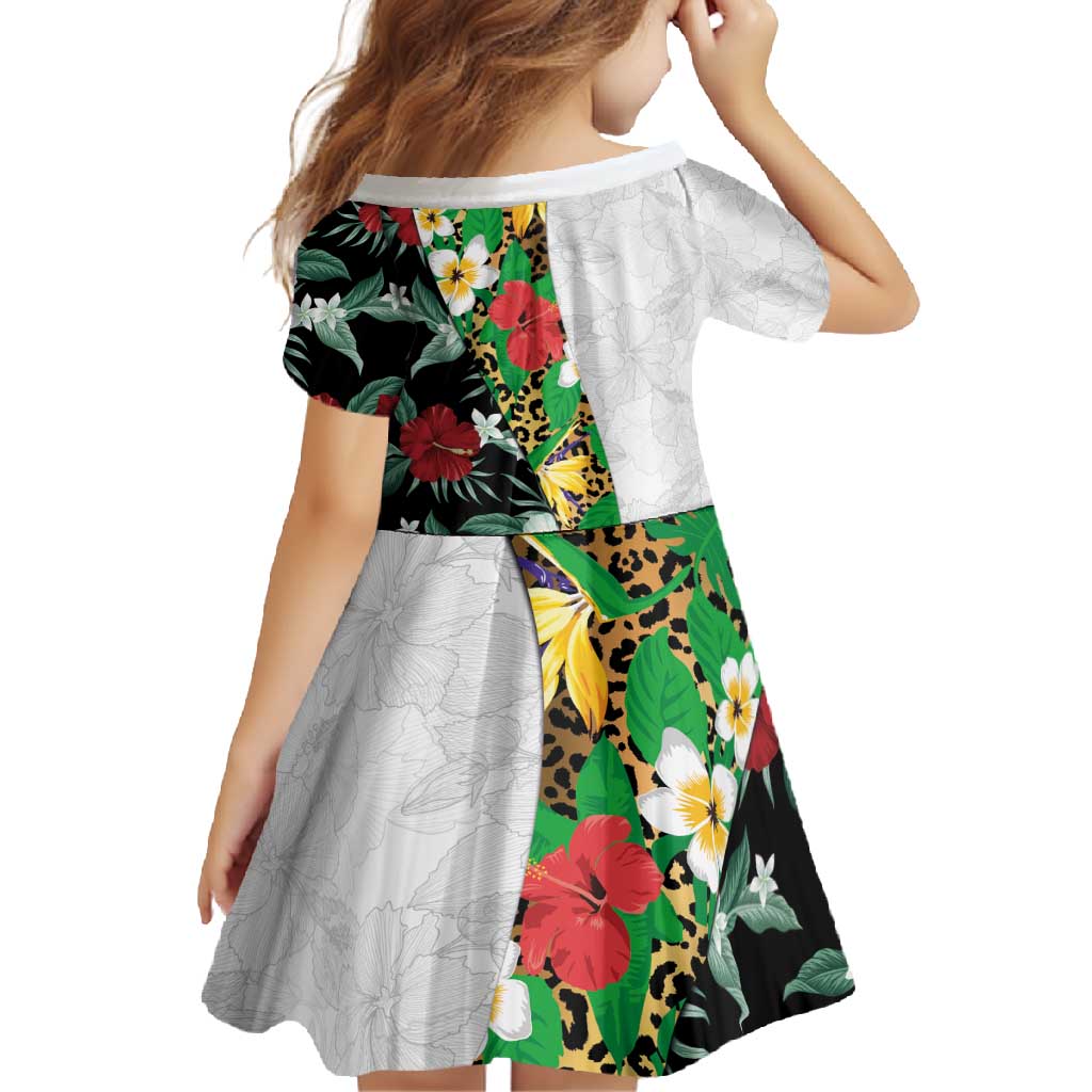 Hawaiian Tropical Flowers and Leaves Family Matching Mermaid Dress and Hawaiian Shirt on Leopard Pattern Half Style White-Black Version - Polynesian Pride