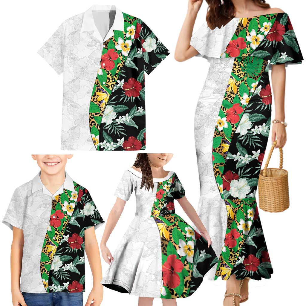Hawaiian Tropical Flowers and Leaves Family Matching Mermaid Dress and Hawaiian Shirt on Leopard Pattern Half Style White-Black Version LT03 - Polynesian Pride