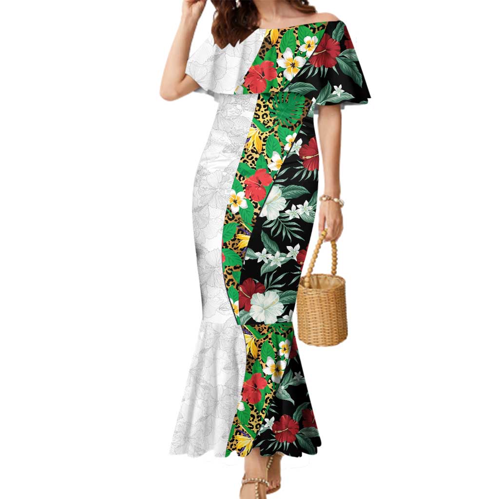 Hawaiian Tropical Flowers and Leaves Family Matching Mermaid Dress and Hawaiian Shirt on Leopard Pattern Half Style White-Black Version - Polynesian Pride