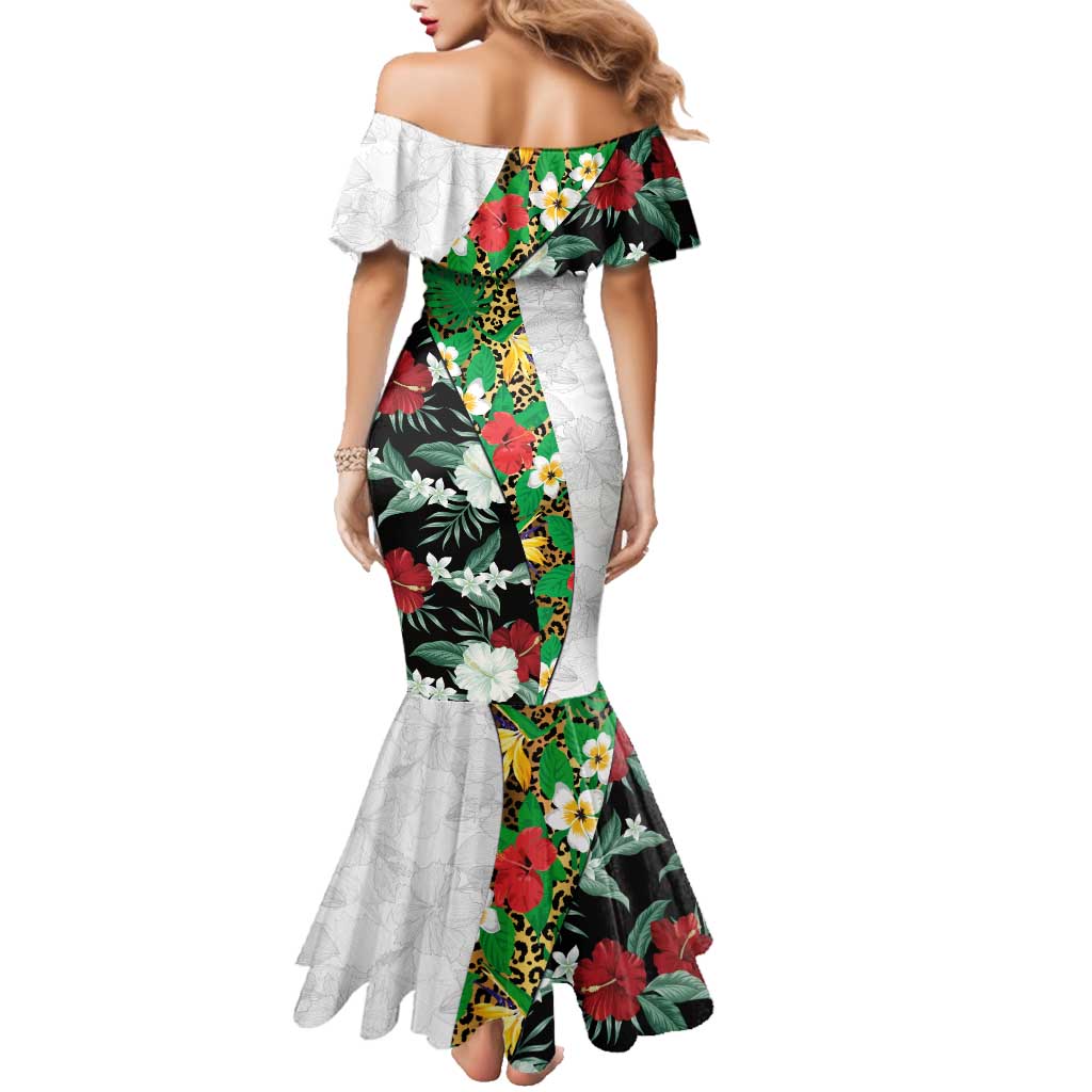 Hawaiian Tropical Flowers and Leaves Family Matching Mermaid Dress and Hawaiian Shirt on Leopard Pattern Half Style White-Black Version - Polynesian Pride