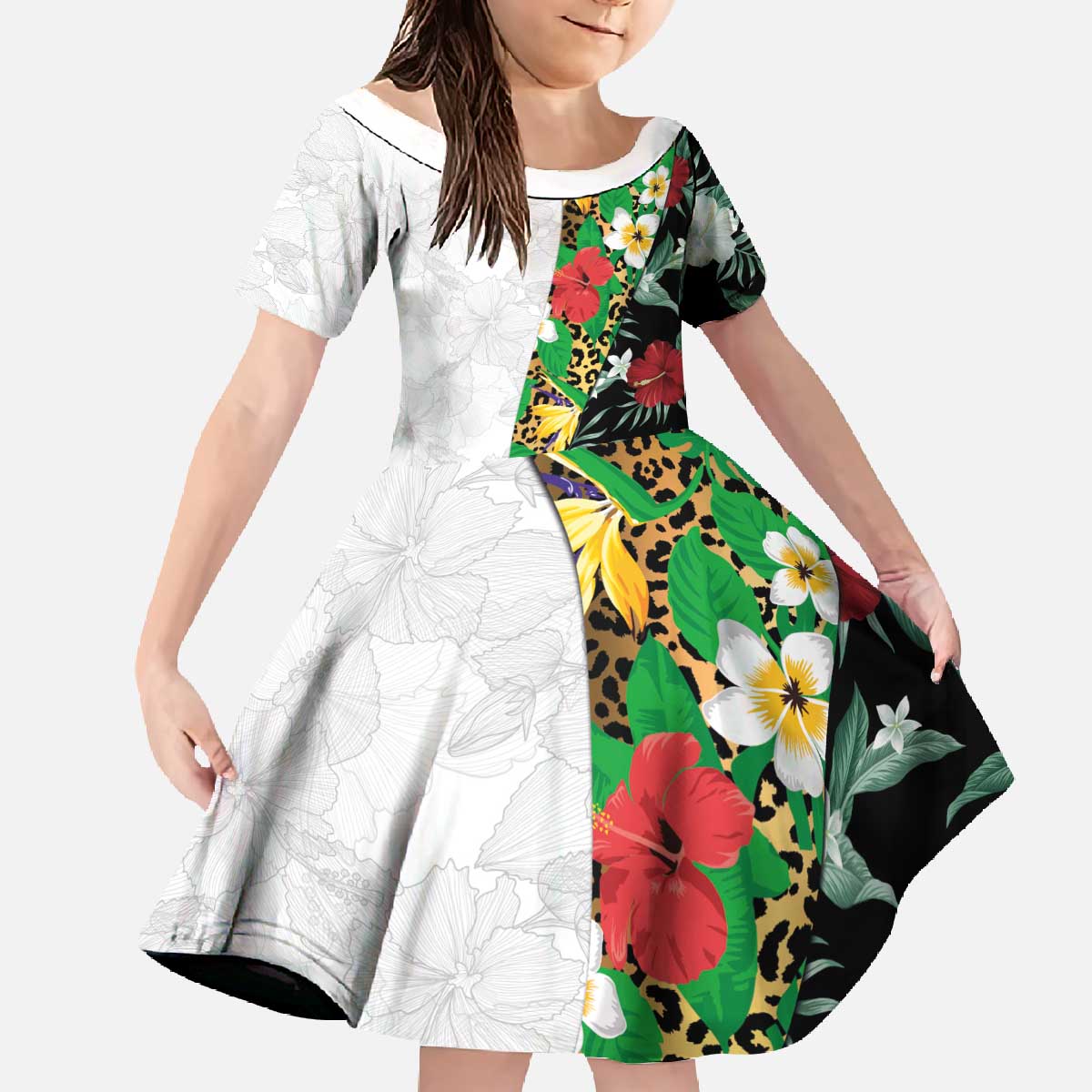 Hawaiian Tropical Flowers and Leaves Family Matching Off The Shoulder Long Sleeve Dress and Hawaiian Shirt on Leopard Pattern Half Style White-Black Version - Polynesian Pride