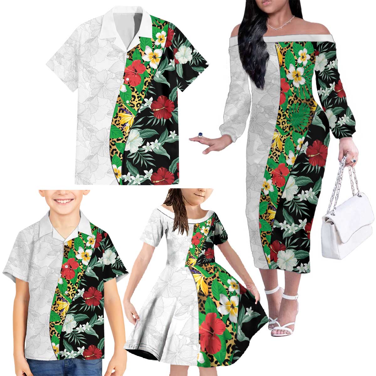 Hawaiian Tropical Flowers and Leaves Family Matching Off The Shoulder Long Sleeve Dress and Hawaiian Shirt on Leopard Pattern Half Style White-Black Version LT03 - Polynesian Pride