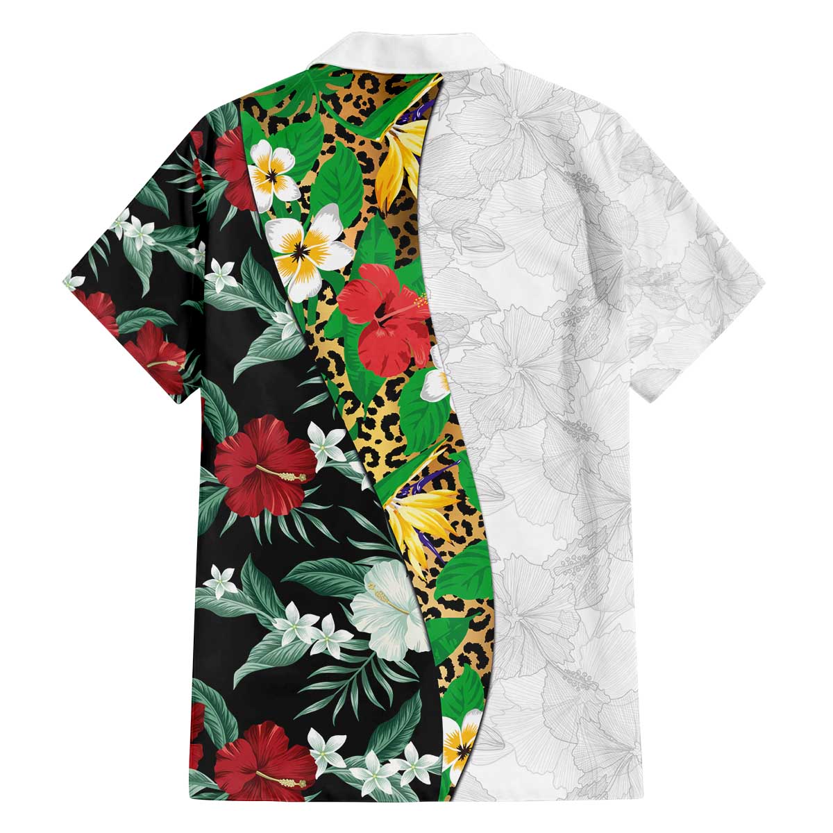 Hawaiian Tropical Flowers and Leaves Family Matching Off The Shoulder Long Sleeve Dress and Hawaiian Shirt on Leopard Pattern Half Style White-Black Version - Polynesian Pride