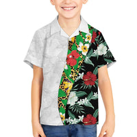 Hawaiian Tropical Flowers and Leaves Family Matching Off The Shoulder Long Sleeve Dress and Hawaiian Shirt on Leopard Pattern Half Style White-Black Version - Polynesian Pride