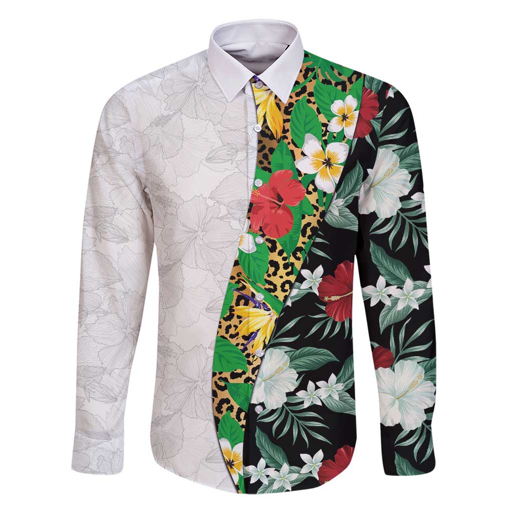 Hawaiian Tropical Flowers and Leaves Family Matching Off Shoulder Maxi Dress and Hawaiian Shirt on Leopard Pattern Half Style White-Black Version LT03 Dad's Shirt - Long Sleeve White - Polynesian Pride
