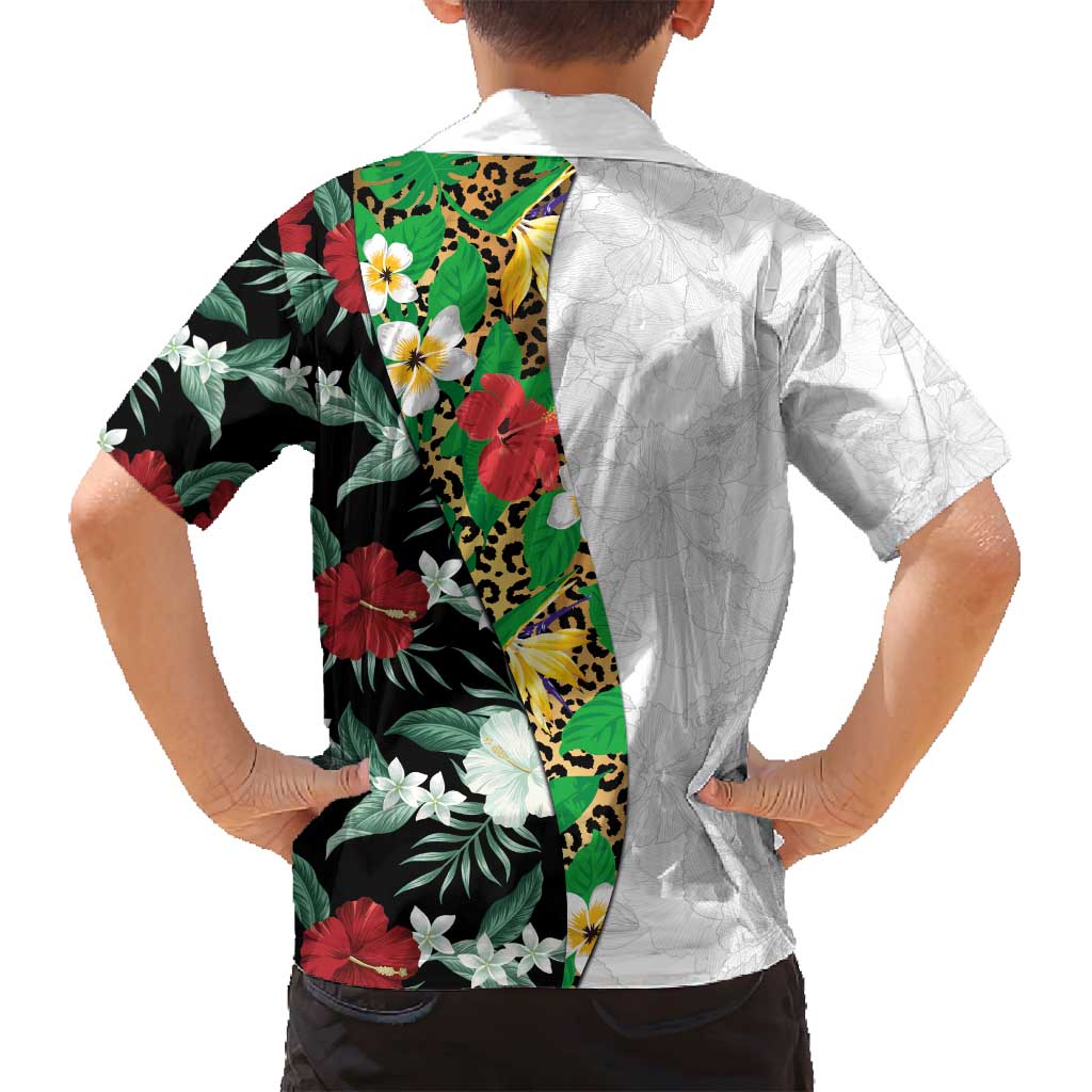Hawaiian Tropical Flowers and Leaves Family Matching Puletasi and Hawaiian Shirt on Leopard Pattern Half Style White-Black Version - Polynesian Pride