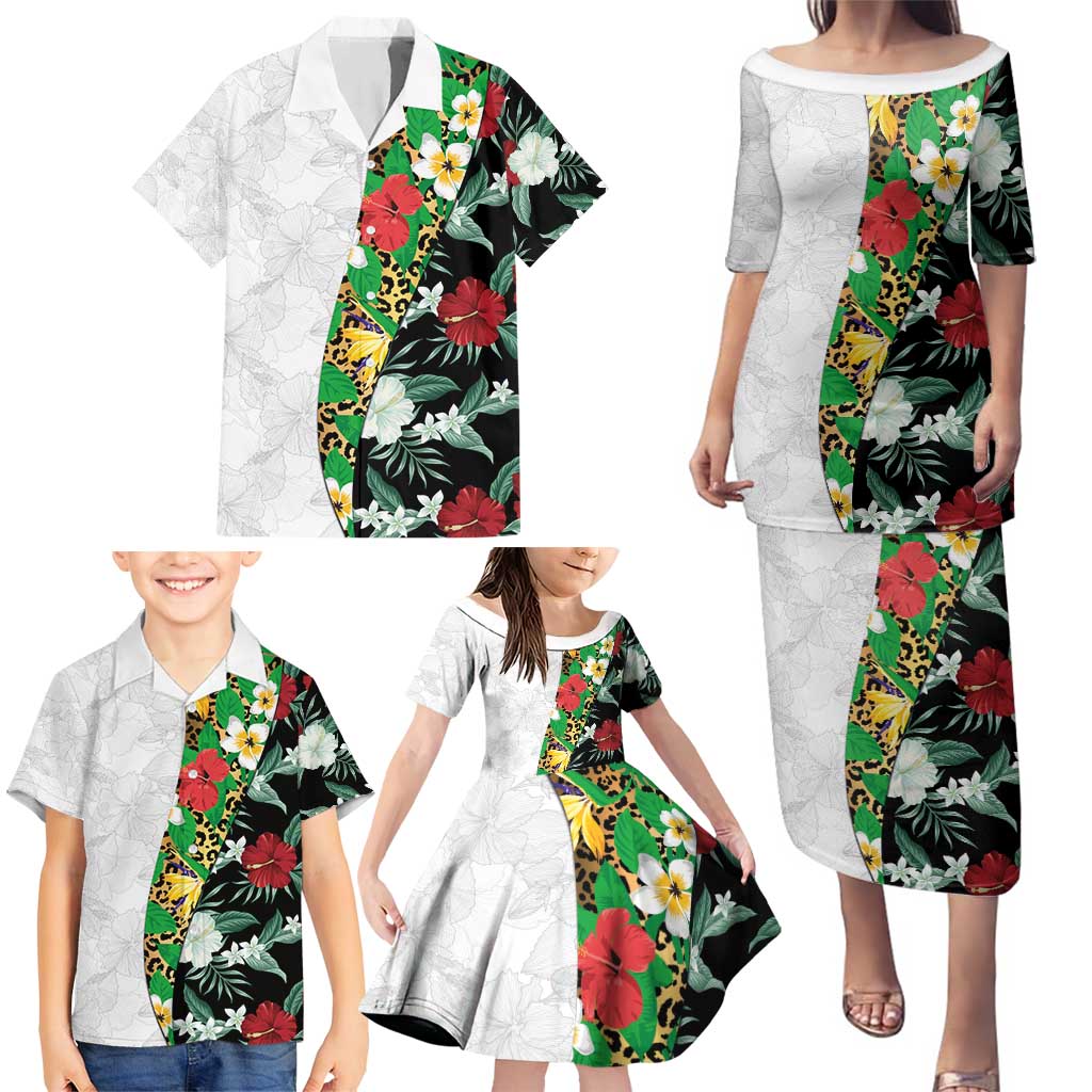 Hawaiian Tropical Flowers and Leaves Family Matching Puletasi and Hawaiian Shirt on Leopard Pattern Half Style White-Black Version LT03 - Polynesian Pride