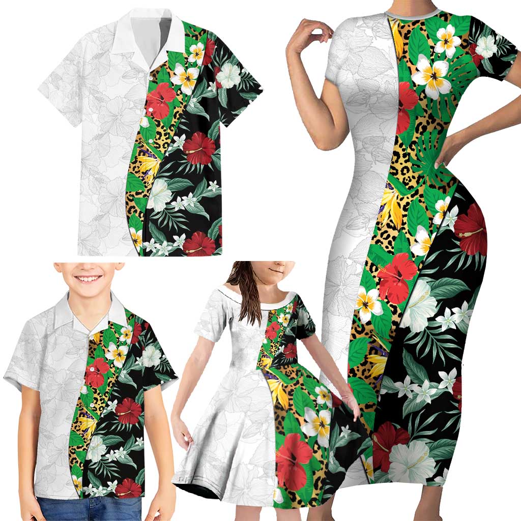 Hawaiian Tropical Flowers and Leaves Family Matching Short Sleeve Bodycon Dress and Hawaiian Shirt on Leopard Pattern Half Style White-Black Version LT03 - Polynesian Pride