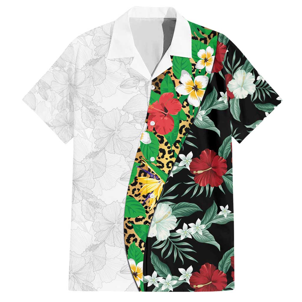 Hawaiian Tropical Flowers and Leaves Family Matching Short Sleeve Bodycon Dress and Hawaiian Shirt on Leopard Pattern Half Style White-Black Version - Polynesian Pride