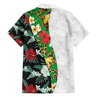 Hawaiian Tropical Flowers and Leaves Family Matching Short Sleeve Bodycon Dress and Hawaiian Shirt on Leopard Pattern Half Style White-Black Version - Polynesian Pride