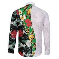 Hawaiian Tropical Flowers and Leaves Family Matching Short Sleeve Bodycon Dress and Hawaiian Shirt on Leopard Pattern Half Style White-Black Version - Polynesian Pride