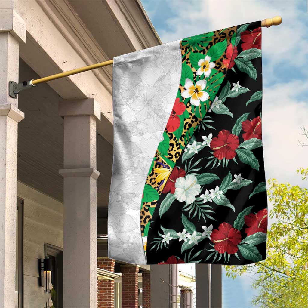 Hawaiian Tropical Flowers and Leaves Garden Flag on Leopard Pattern Half Style White-Black Version - Polynesian Pride