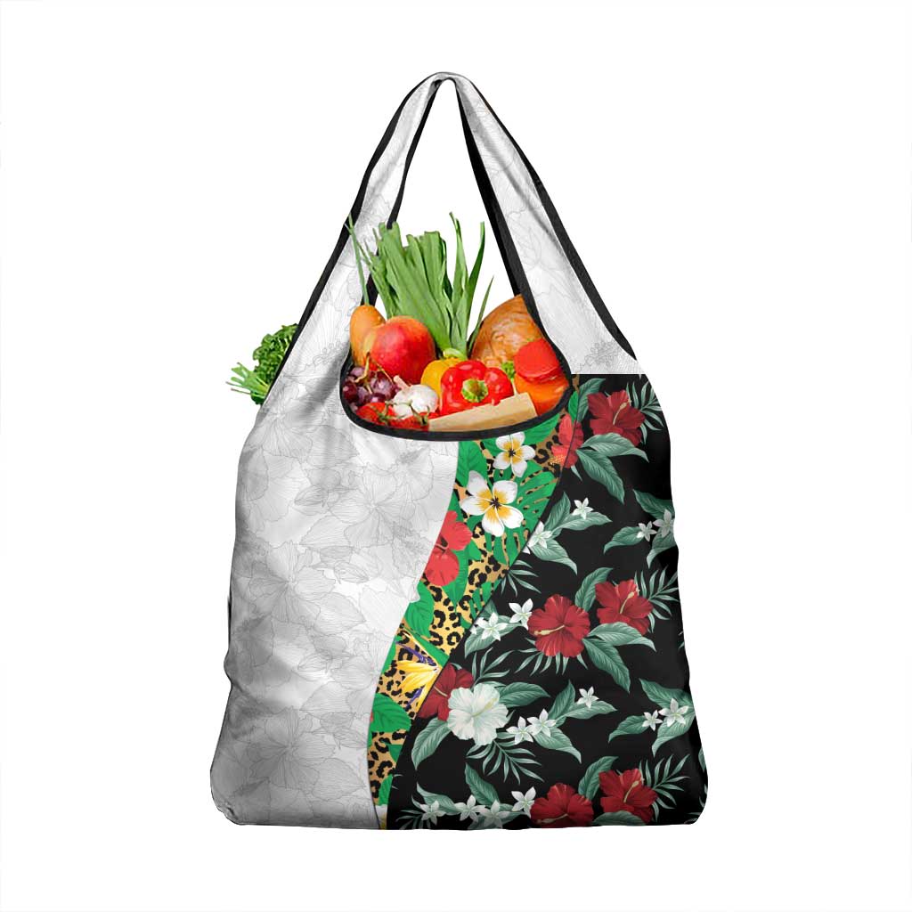 Hawaiian Tropical Flowers and Leaves Grocery Bag on Leopard Pattern Half Style White-Black Version LT03 1-pack One Size White - Polynesian Pride
